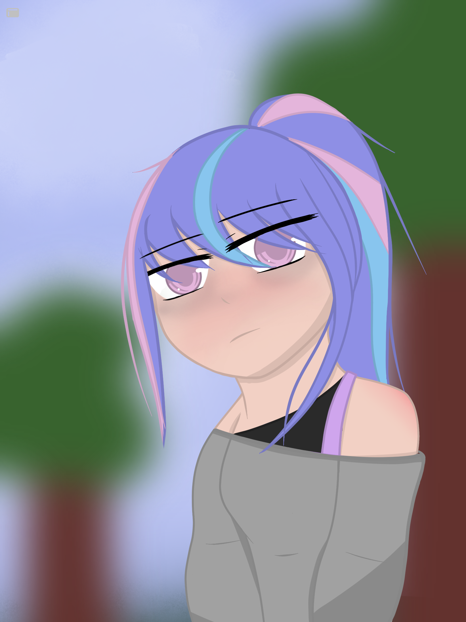 Illustration of a young girl with purple and pink hair