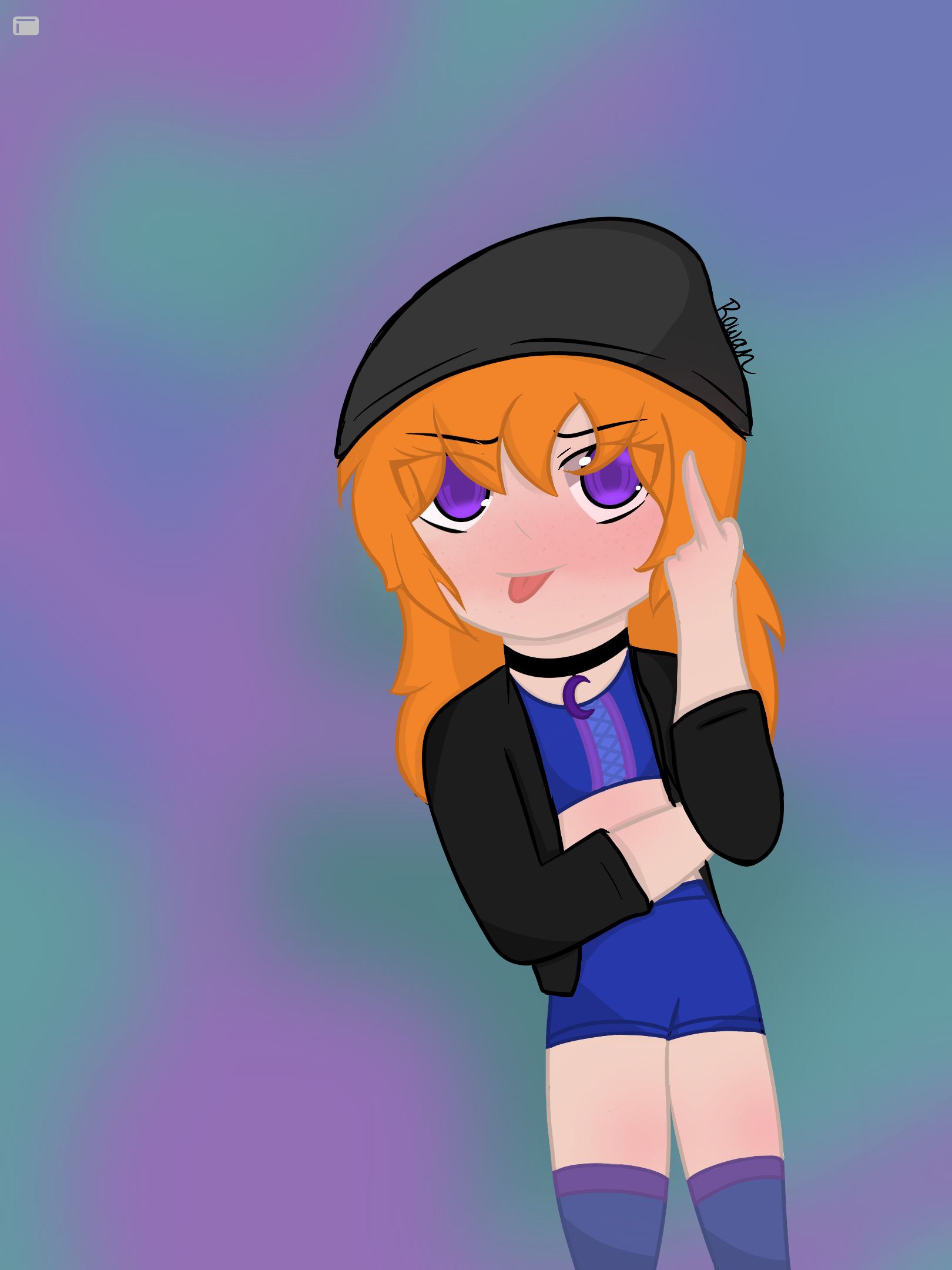 Illustration of a young girl with orange hair sticking out her tongue and sticking up her middle finger